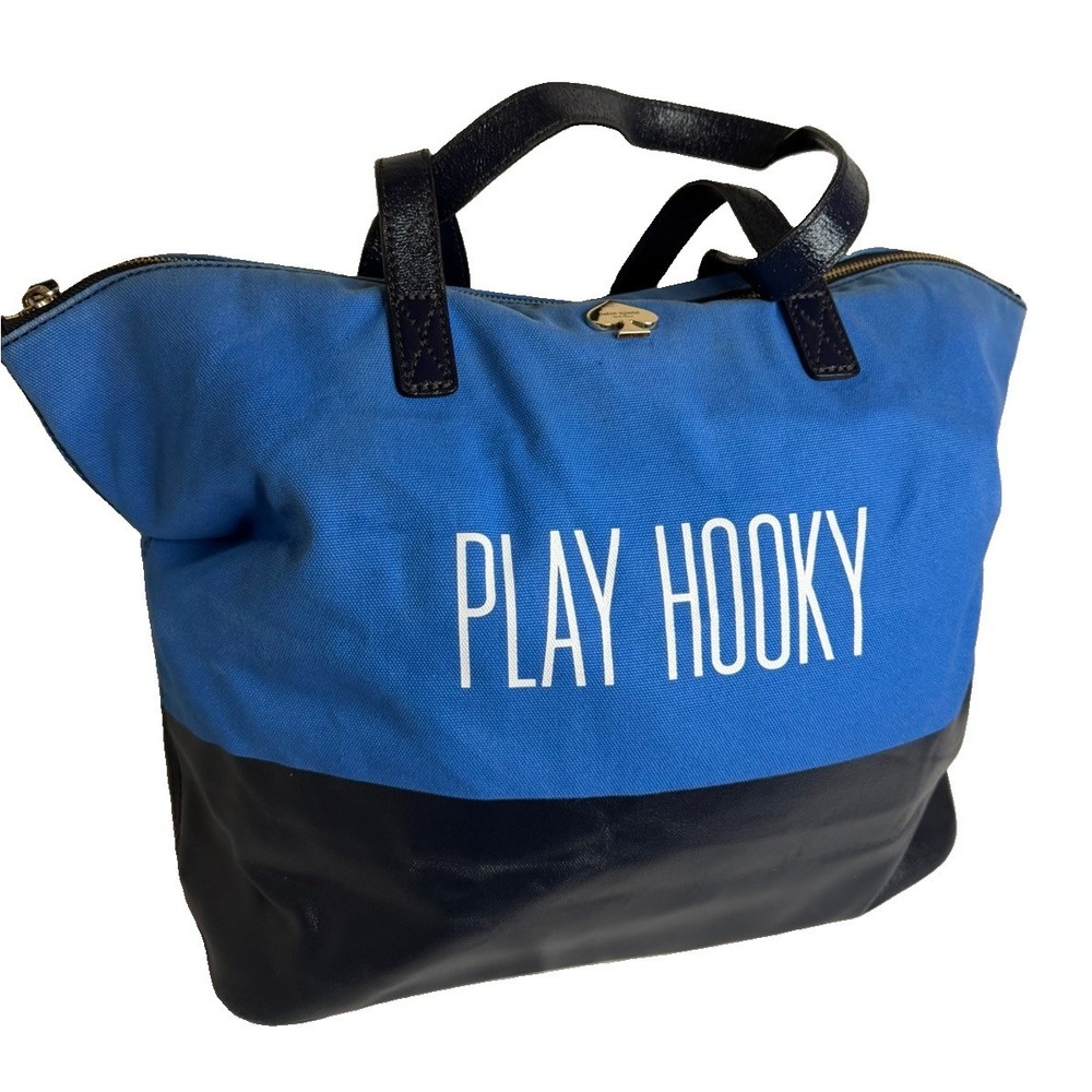 Kate Spade Play Hooky Oversized Tote Blue Black Canvas Travel Weekender Bag